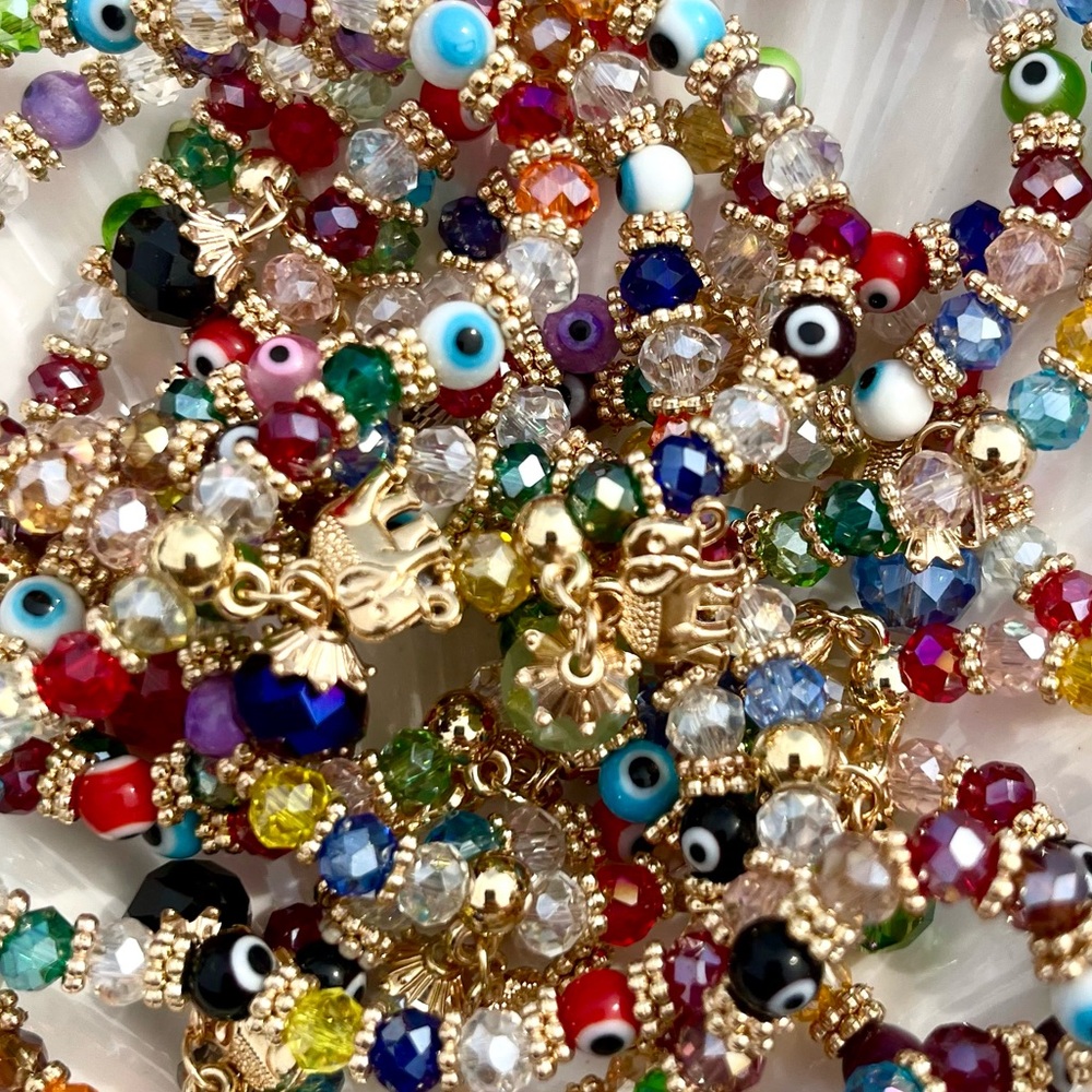 Rainbow Glass Beaded Bracelets With Evil Eye Beads & Elephant Charm NWOT
